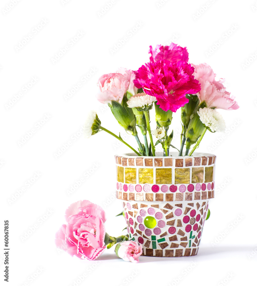 Carnation in mosaic flower pot Carnation in mosaic flower pot