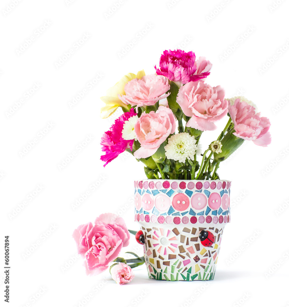 Carnation in mosaic flower pot Carnation in mosaic flower pot