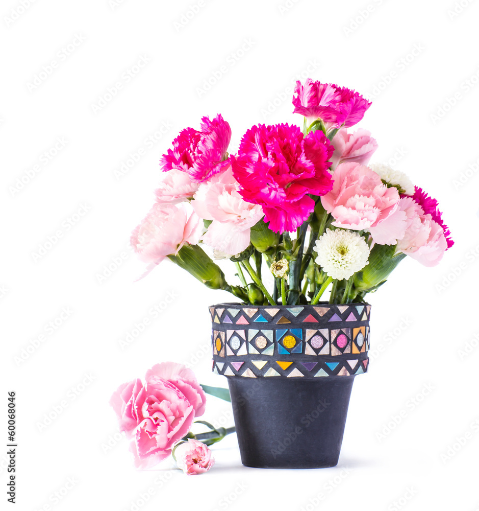 Carnation in mosaic flower pot Carnation in mosaic flower pot