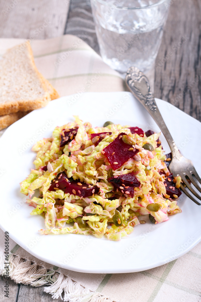 Cabbage, beetroot and seeds salad