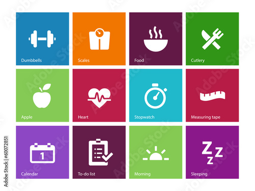 Fitness icons on color background. © Vector Icons