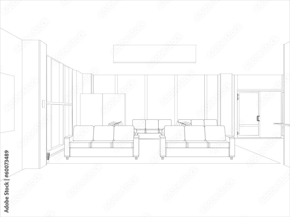 Room. Sofas and windows. Vector format. Created from 3D model