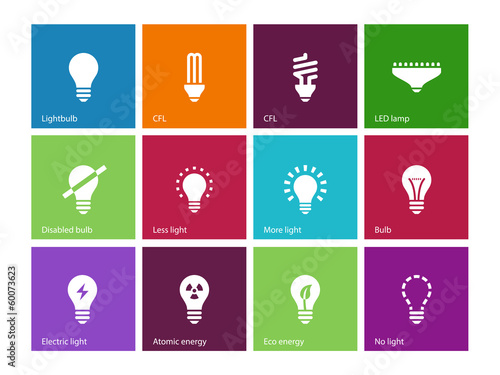 Light bulb and CFL lamp icons on color background.