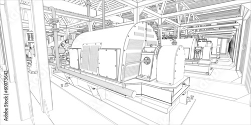 Industrial equipment. Wire-frame 3d render. Vector format