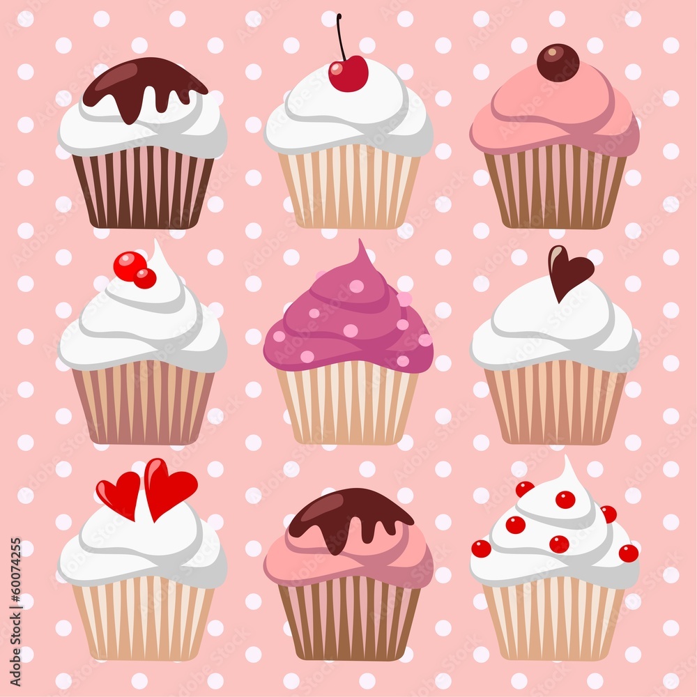 Set of various cupcakes, muffins, vector background Set of various cupcakes, muffins, vector background