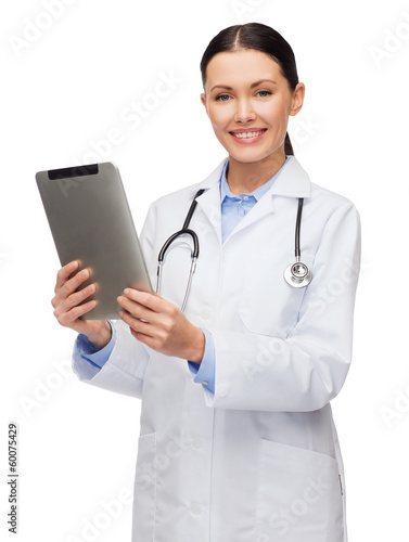 female doctor with stethoscope and tablet computer