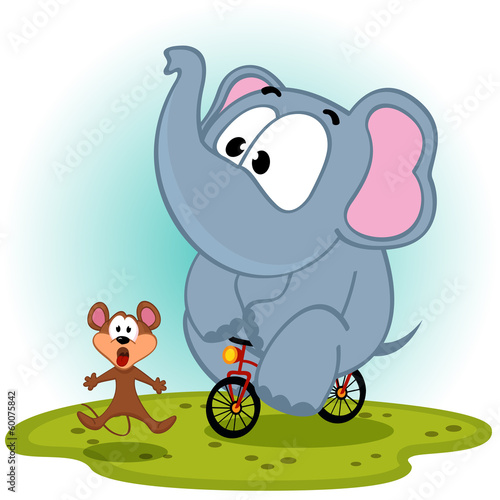 elephant  on bike catches mouse - vector illustration