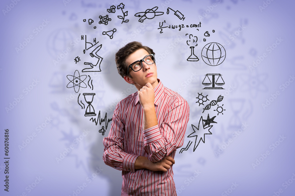 young man scientist with glasses thinking young man scientist with glasses thinking
