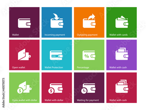 Wallet and translation icons on color background