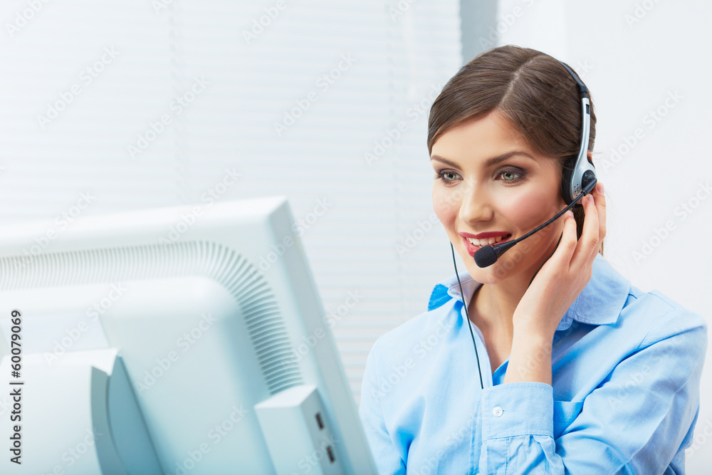 Portrait of woman customer service worker, call center smiling Portrait of woman customer service worker, call center smiling