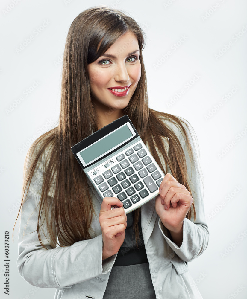 Woman accountant show calculator. Young business woman. Woman accountant show calculator. Young business woman.