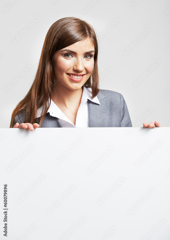 Young smiling woman with blank board isolated Young smiling woman with blank board isolated