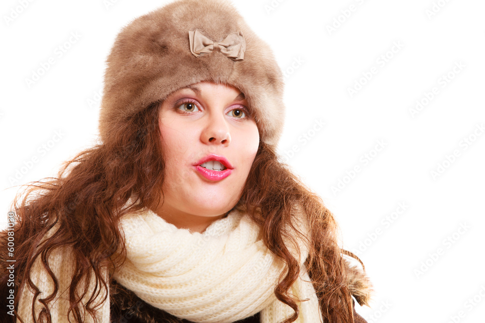 Winter fashion. Woman in warm clothing hat scarf isolated Winter fashion. Woman in warm clothing hat scarf isolated