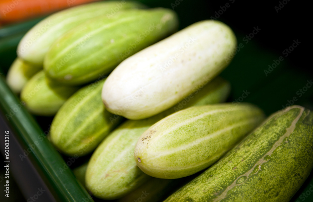 Close-up of fresh cucumbers in supermarket Close-up of fresh cucumbers in supermarket
