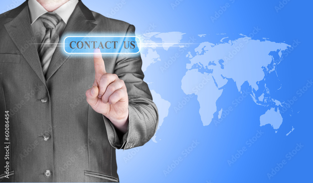 businessman hand pushing contact us button businessman hand pushing contact us button