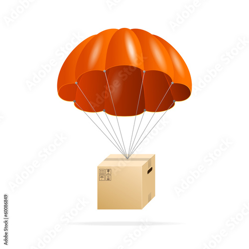 Red parachute with cardboard box on a white