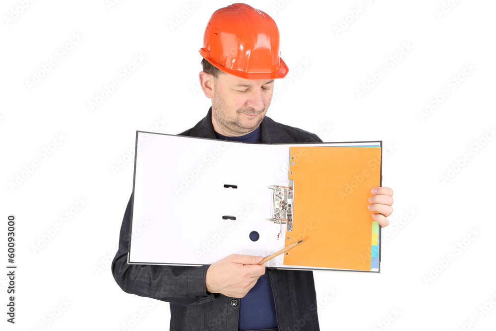 Worker in hard hat with opened folder.