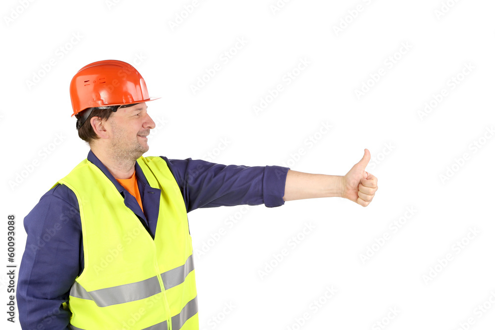 Worker in hard hat with hand up. Worker in hard hat with hand up.