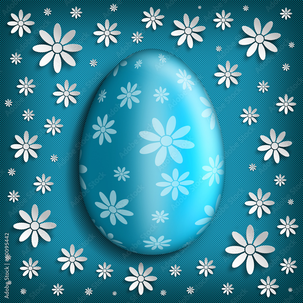 Blue Easter egg and white flowers on patterned background Blue Easter egg and white flowers on patterned background