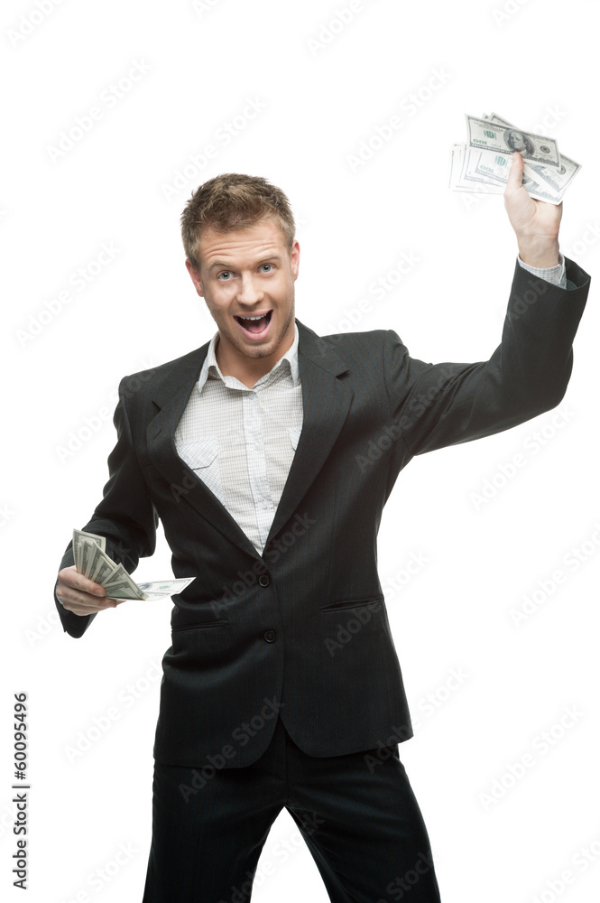 young successful screaming businessman holding money young successful screaming businessman holding money