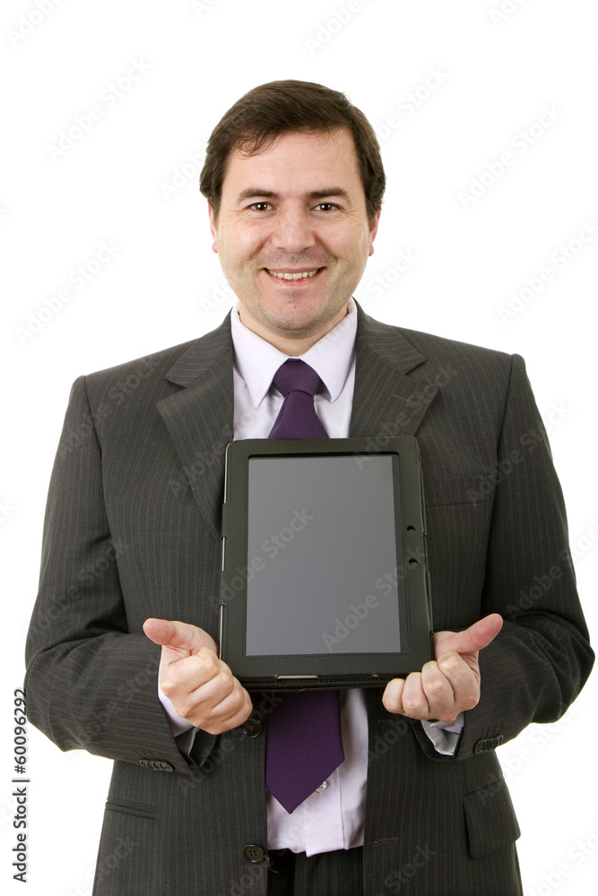 Young businessman using ipad while standing white background Young businessman using ipad while standing white background