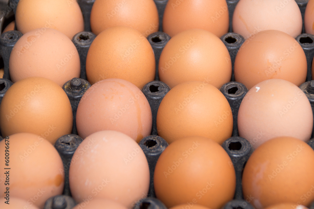 closeup of many fresh brown eggs in carton tray