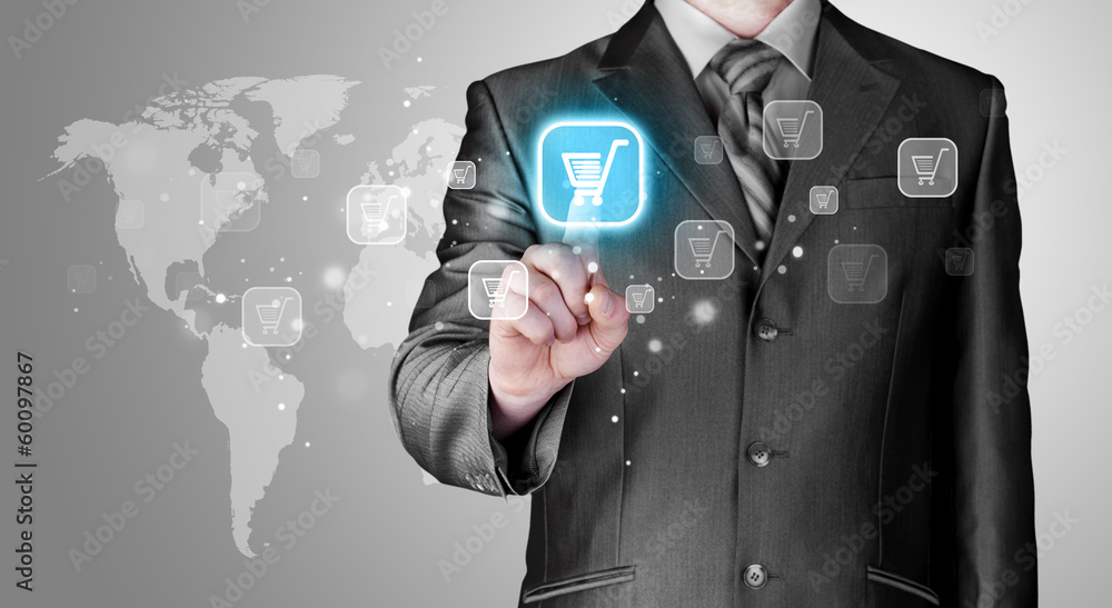 Businessman pushing shopping cart Businessman pushing shopping cart