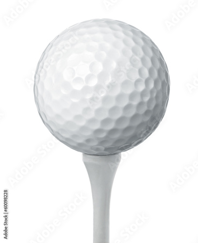 Close up of a golf ball on a tee isolated on white background
