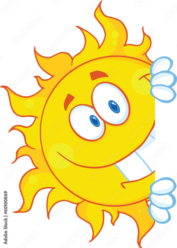 Smiling Sun Looking Around A Sign Cartoon Mascot Character
