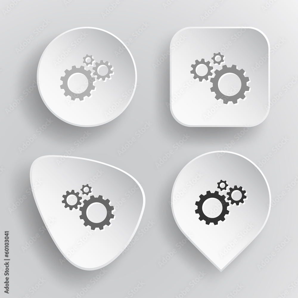 Gears. White flat vector buttons on gray background. Gears. White flat vector buttons on gray background.