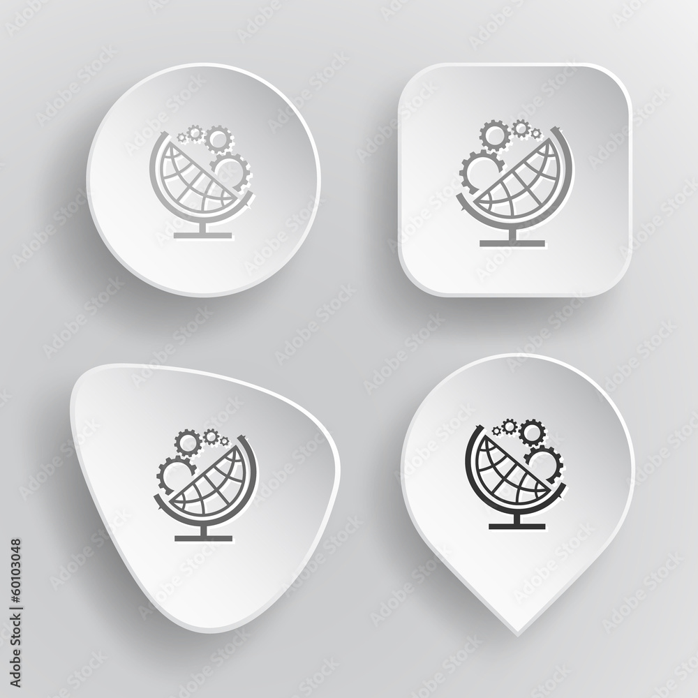 Globe and gears. White flat vector buttons on gray background. Globe and gears. White flat vector buttons on gray background.