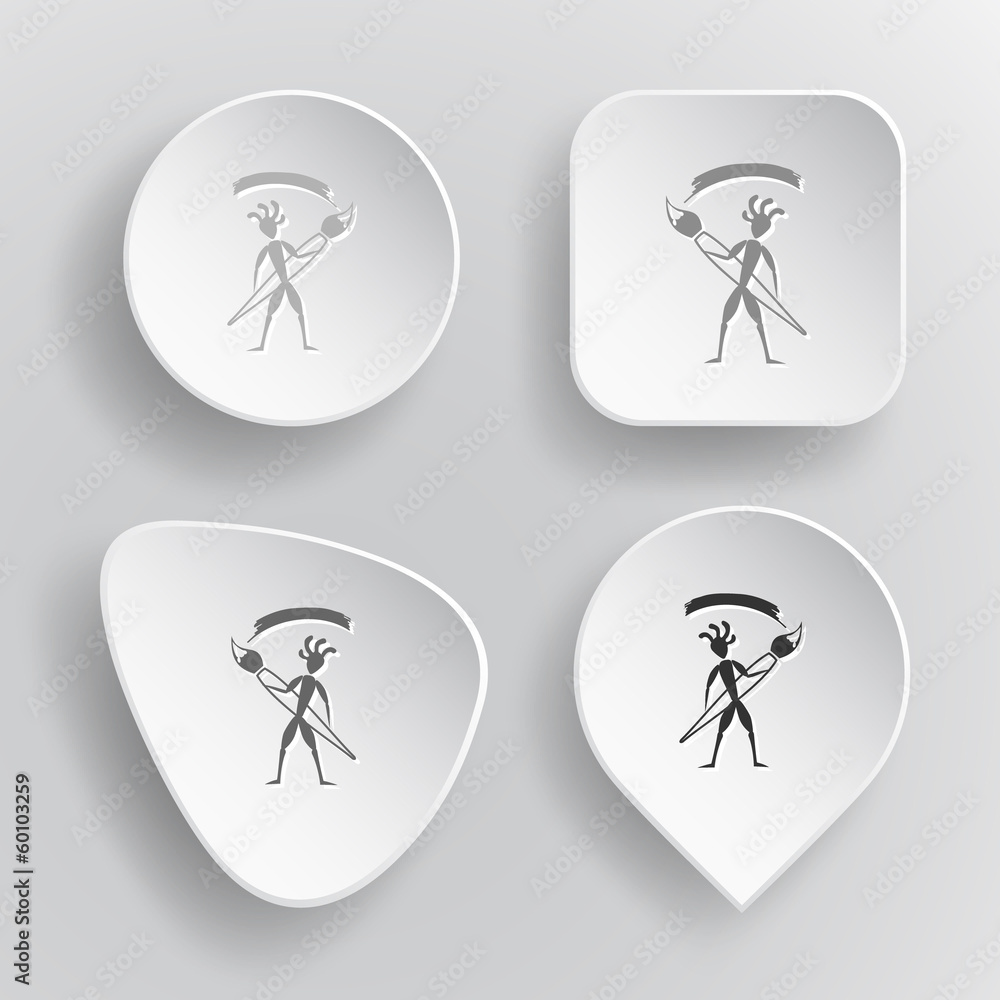 Ethnic little man with brush. White flat vector buttons on gray