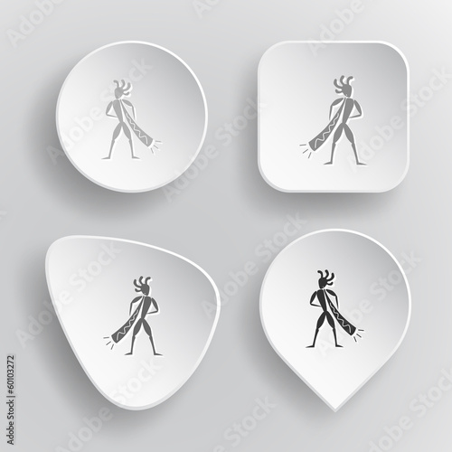 Ethnic little man with trumpet. White flat vector buttons on gra