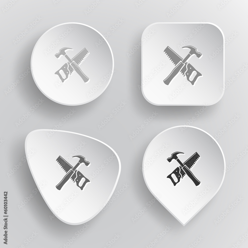 Hand saw and hammer. White flat vector buttons on gray backgroun Hand saw and hammer. White flat vector buttons on gray backgroun