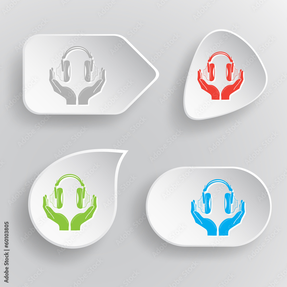 headphones in hands. White flat vector buttons on gray backgroun headphones in hands. White flat vector buttons on gray backgroun