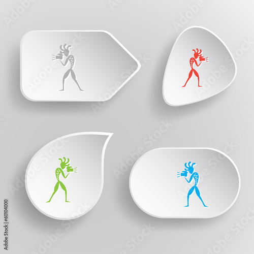 Ethnic little man with camera. White flat vector buttons on gray