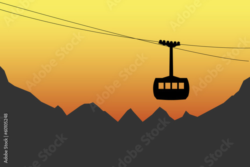 Cableway and mountains silhouettes vector