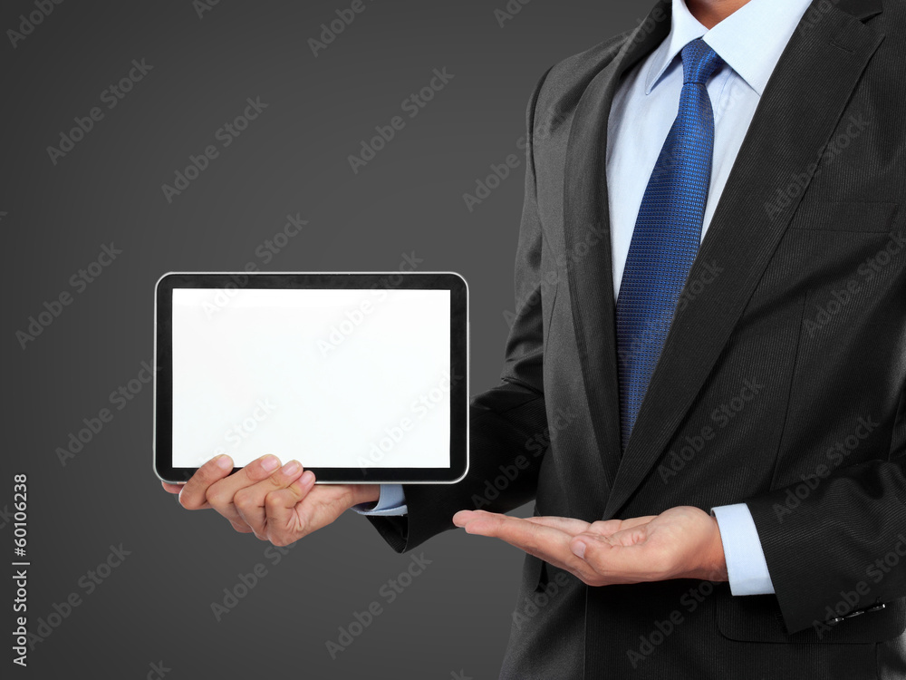 photo of a businessman showing blank tablet PC monitor photo of a businessman showing blank tablet PC monitor