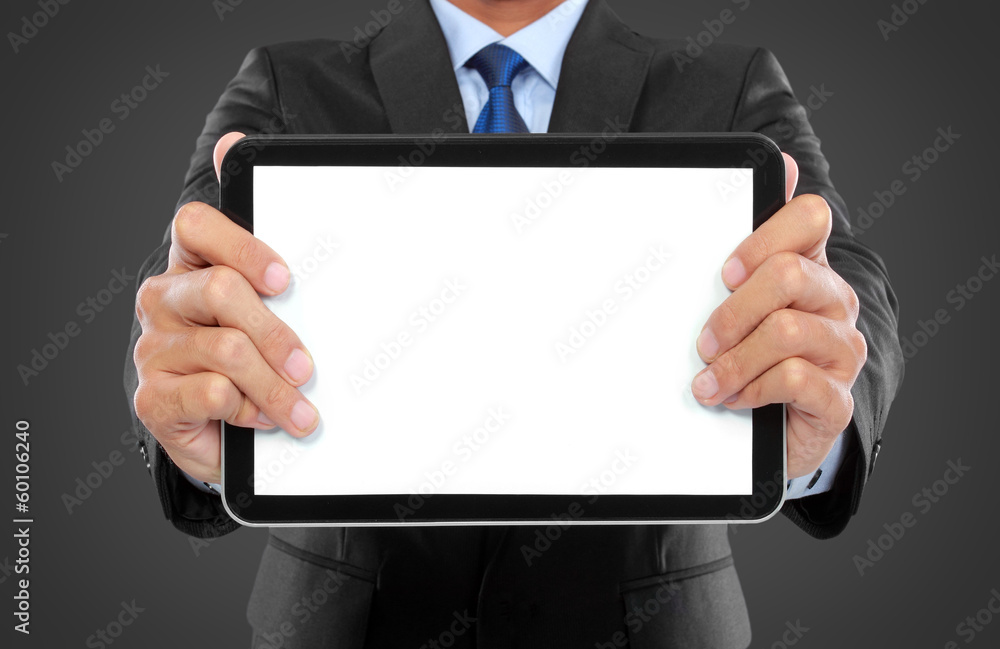 photo of a businessman showing blank tablet PC monitor photo of a businessman showing blank tablet PC monitor