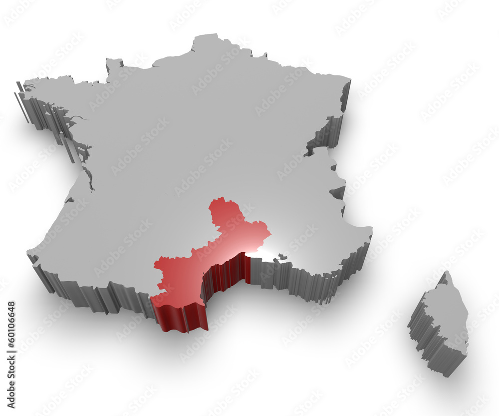 Fototapeta premium Languedoc-Roussillon e Francia cartina in 3d