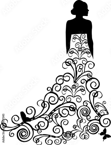 Beautiful bride in dress with swirls in retro or vintage style