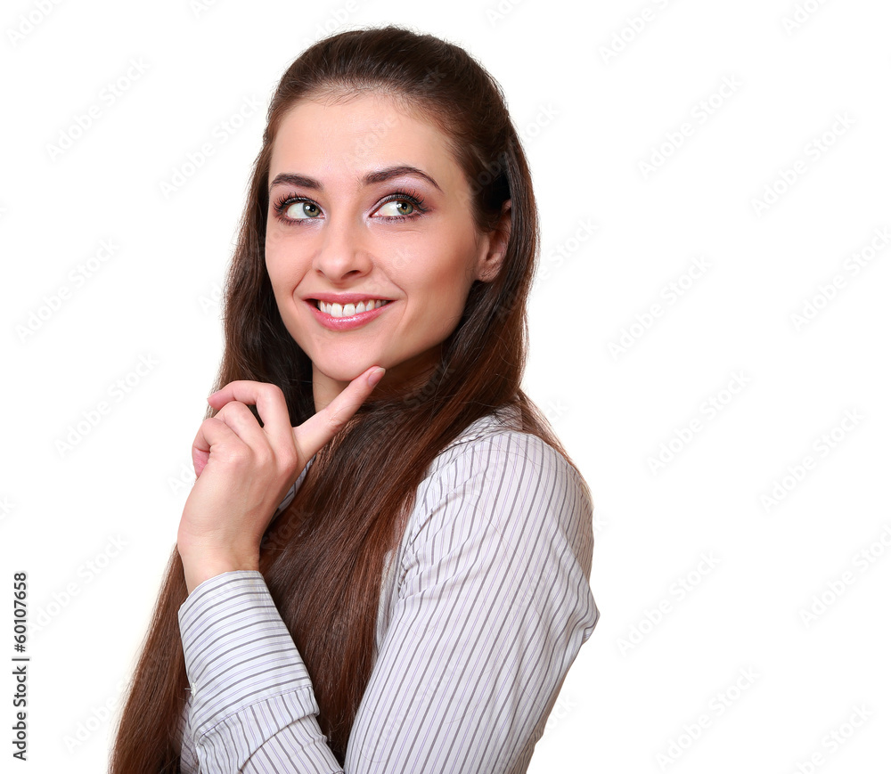 Thinking business woman looking happy with smile isolated Thinking business woman looking happy with smile isolated