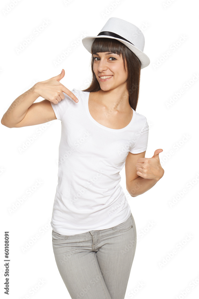 Woman pointing at herself and showing thumb up Woman pointing at herself and showing thumb up