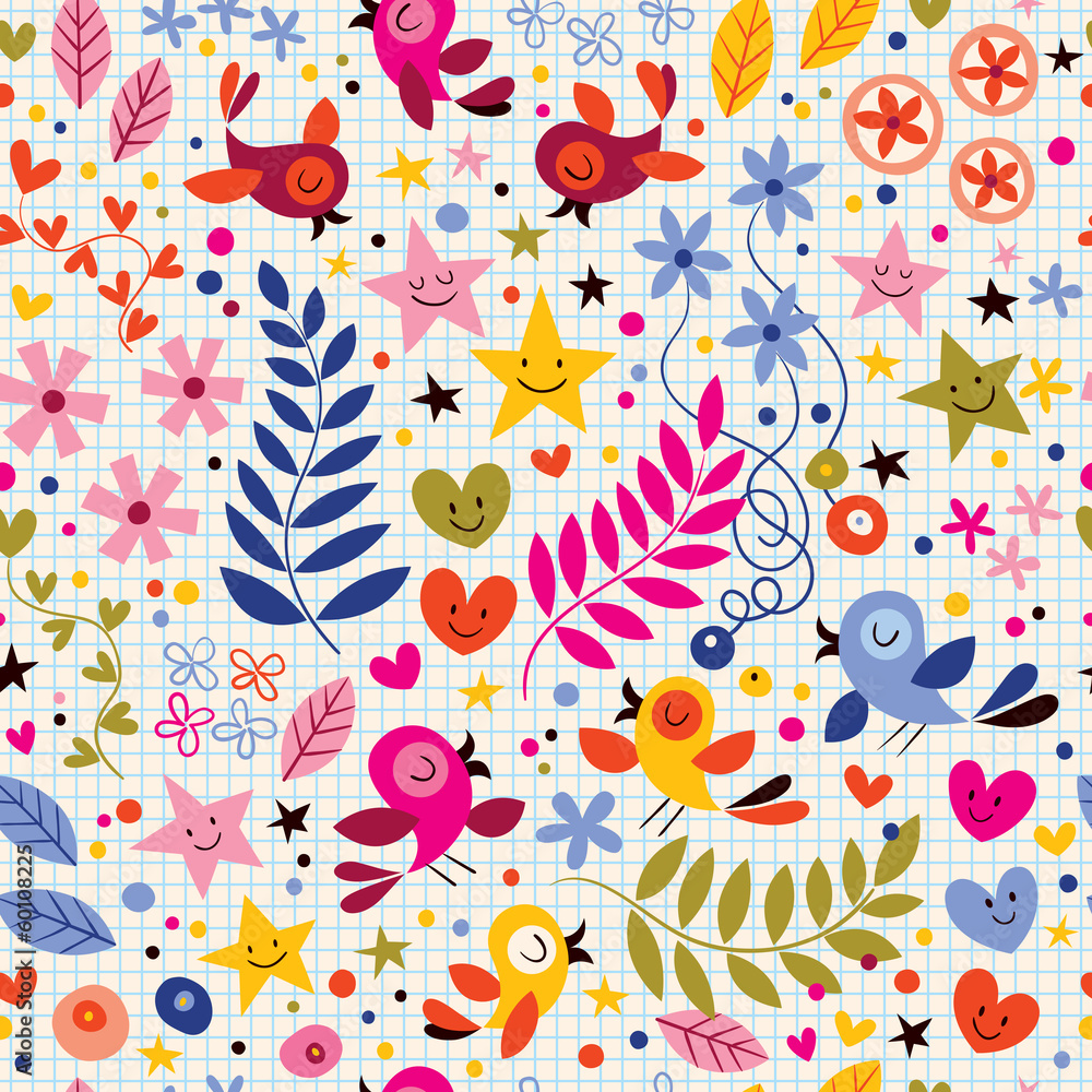 cute birds, flowers, stars and hearts pattern