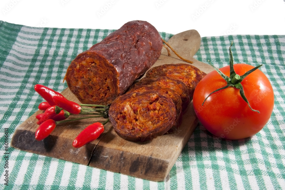 Hungarian homemade paprika salami with vegetables