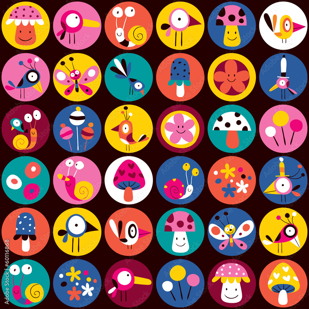 Naklejka premium flowers, birds, mushrooms & snails pattern