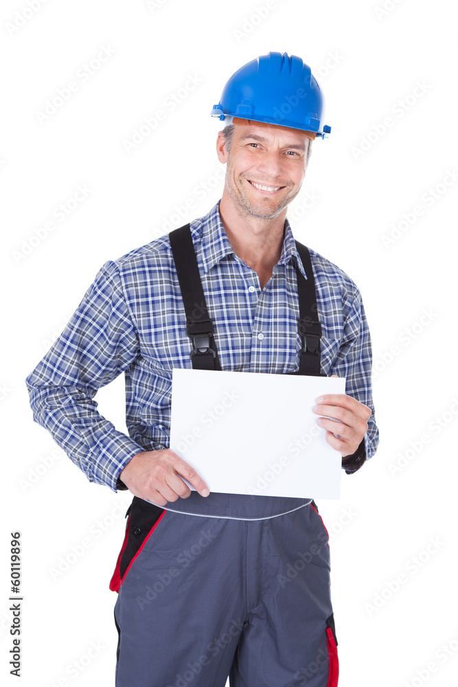 Male Worker With Blank Placard Male Worker With Blank Placard