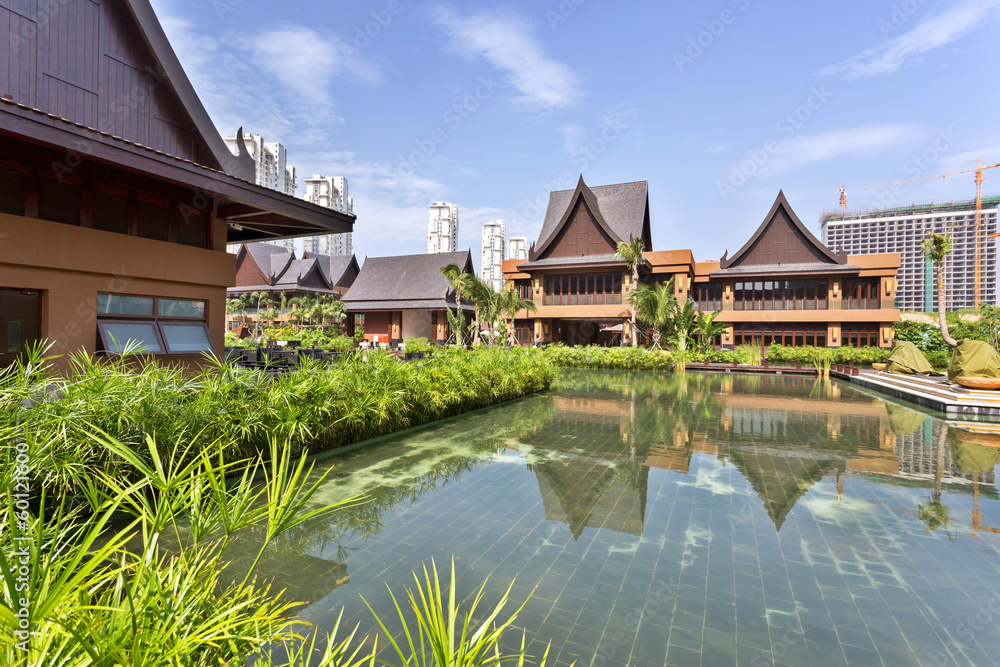 Obraz premium view of vacation resort from the gardens