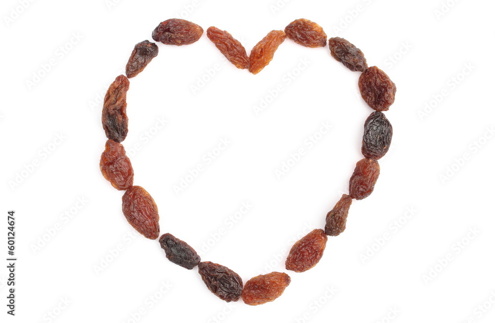 Heart of raisins isolated on white background Heart of raisins isolated on white background