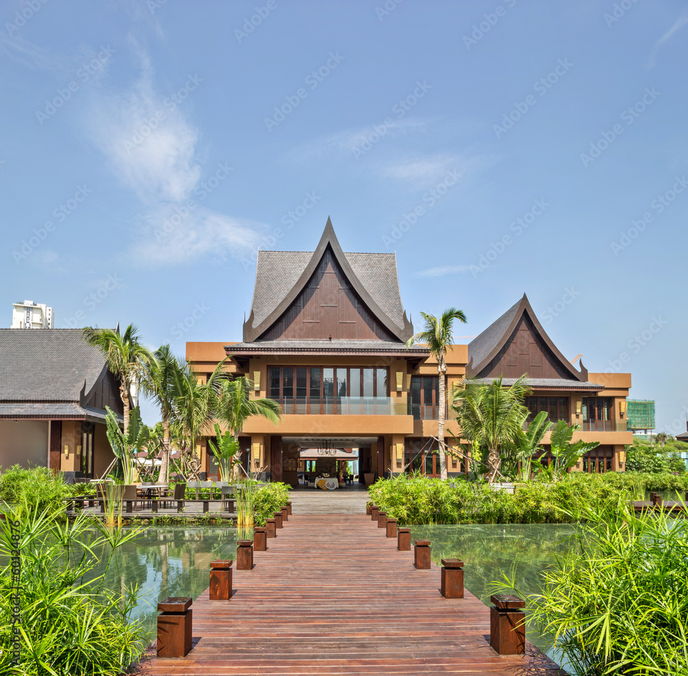 wooden pathway to resort building wooden pathway to resort building